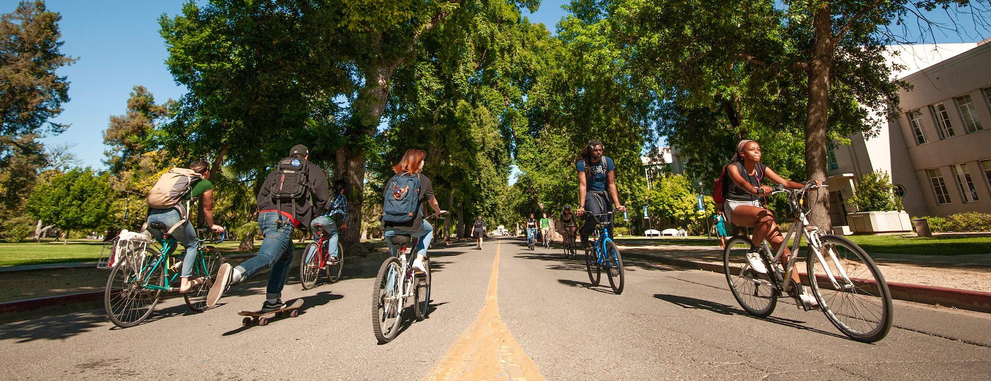 学生们在amjs澳金沙门西校区骑自行车